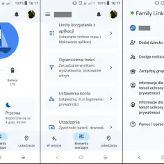Ekran aplikacji Family Link. Widoczne opcje: Limity korzystania z aplikacji, Ograniczenia treści, Ustawienia konta, Urządzenia. Jak odinstalować Family Link z telefonu dziecka? Sprawdź opcje.