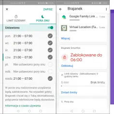 Jak usunąć dziecko z Family Linka? Widok ustawień limitów czasu i pory snu na telefonie, blokada urządzenia z komunikatem "Czas na przerwę".