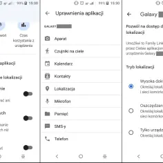Jak pozbyć się Family Link? Ekran telefonu pokazuje ustawienia lokalizacji i uprawnienia aplikacji, co może pomóc w zarządzaniu kontrolą rodzicielską.