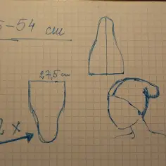 Szkic pokazuje, jak zrobić czapkę smerfa: wzór czapki, jej wymiary (55-54 cm, 27,5 cm) i potrzebne dwa kawałki materiału.