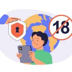 Chłopiec z tabletem, globus, tarcza z kluczem i zakaz 18+. Ilustracja o tym, jak obejść kontrolę rodzicielską.