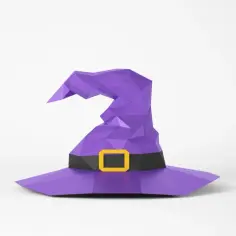 Fioletowy, geometryczny kapelusz czarownicy z żółtą klamrą. Idealny, by dowiedzieć się, jak zrobić kapelusz czarownicy na Halloween.
