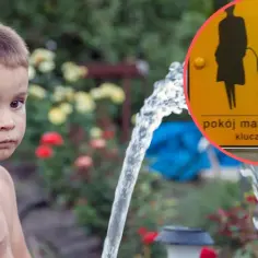 Chłopiec obok fontanny, a obok znak "pokój matki z dzieckiem". Jak szybko dziecko zrobi siku?