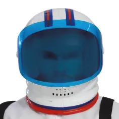Biały hełm astronauty z niebieską szybką i czerwono-niebieskimi pasami. Idealny do zabawy w kosmos. Dowiedz się, jak zrobić hełm astronauty!