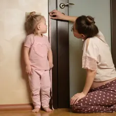 Mama mierzy wzrost córeczki, zastanawiając się, jak długo rosną chłopcy i dziewczynki.