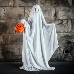 Dziecko w prześcieradle, z dynią-wiaderkiem, pokazuje, jak zrobić strój na Halloween z niczego.