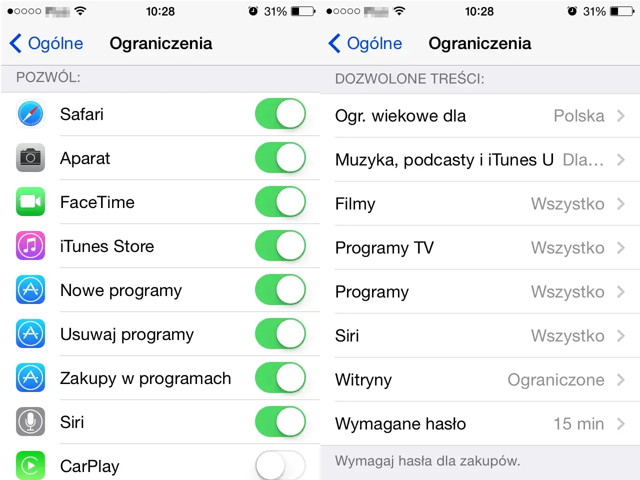 Ekran iPhone'a z ustawieniami