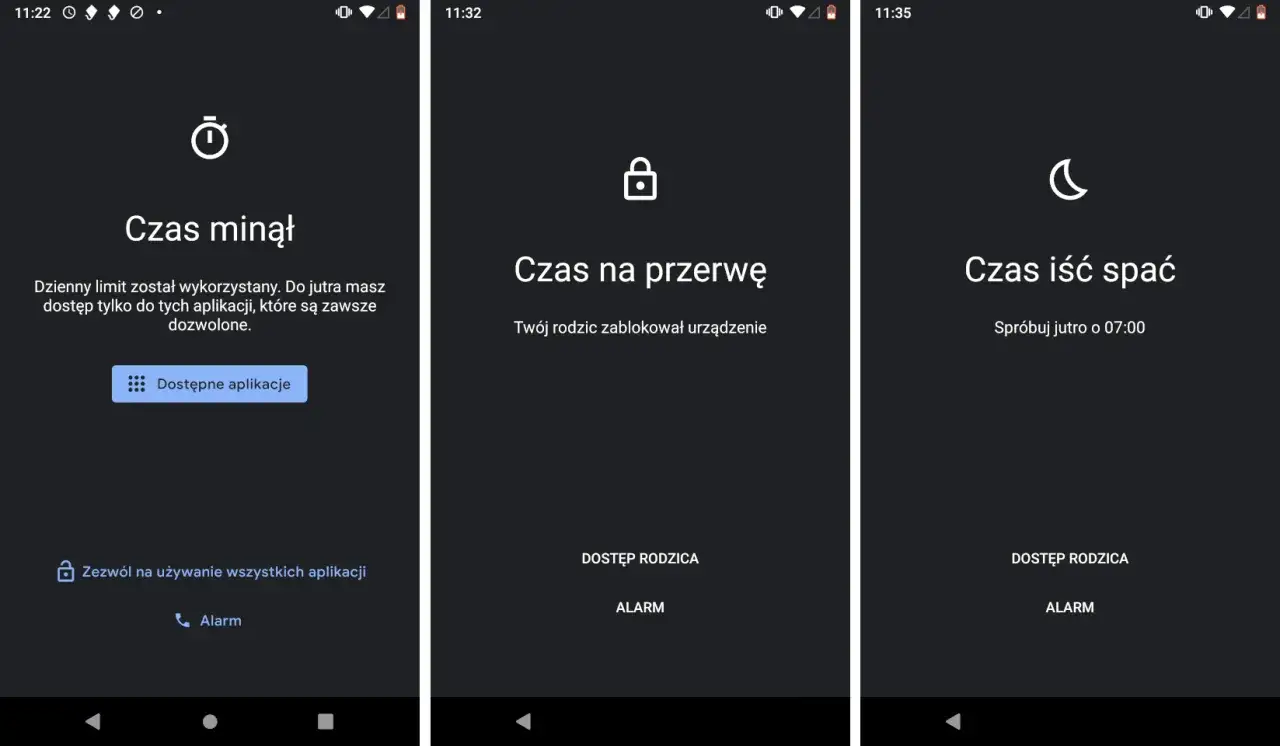 Ekran Family Link: limit czasu minął, czas na przerwę, czas iść spać. Dowiedz się, jak odblokować aplikacje w Family Link, gdy rodzic zablokuje urządzenie.