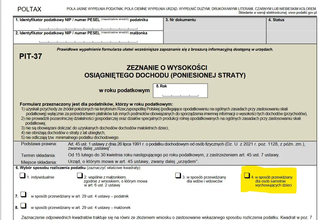 Formularz PIT-37. Sekcja 6 pyta, czy można rozliczać się z dzieckiem, oferując opcje indywidualne, z małżonkiem, dla wdów/wdowców lub samotnych rodziców.