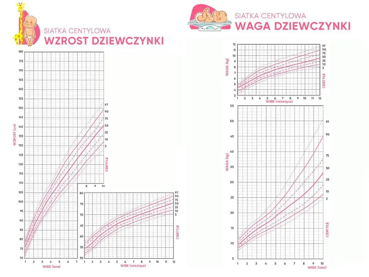 Siatki centylowe wzrostu i wagi dziewczynki. Wykresy pokazują, ile cm rocznie rośnie dziecko i jego przyrosty wagi.