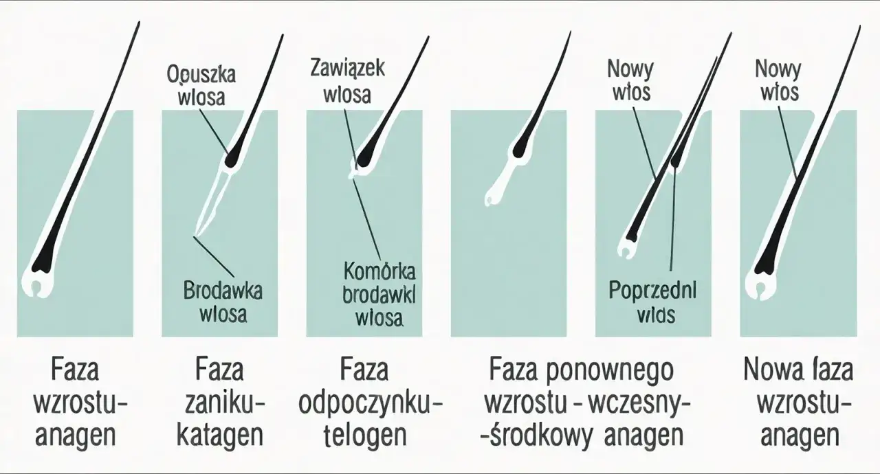 Cykl wzrostu włosa: anagen, katagen, telogen. Ilustracja pokazuje, jak szybko rosną włosy u dzieci, przechodząc przez fazy wzrostu i spoczynku.
