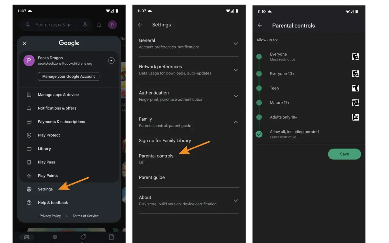 Jak usunąć hasło kontroli rodzicielskiej na telefonie dziecka? Zrzuty ekranu pokazują kroki w Google Play: Ustawienia > Rodzina > Kontrola rodzicielska.